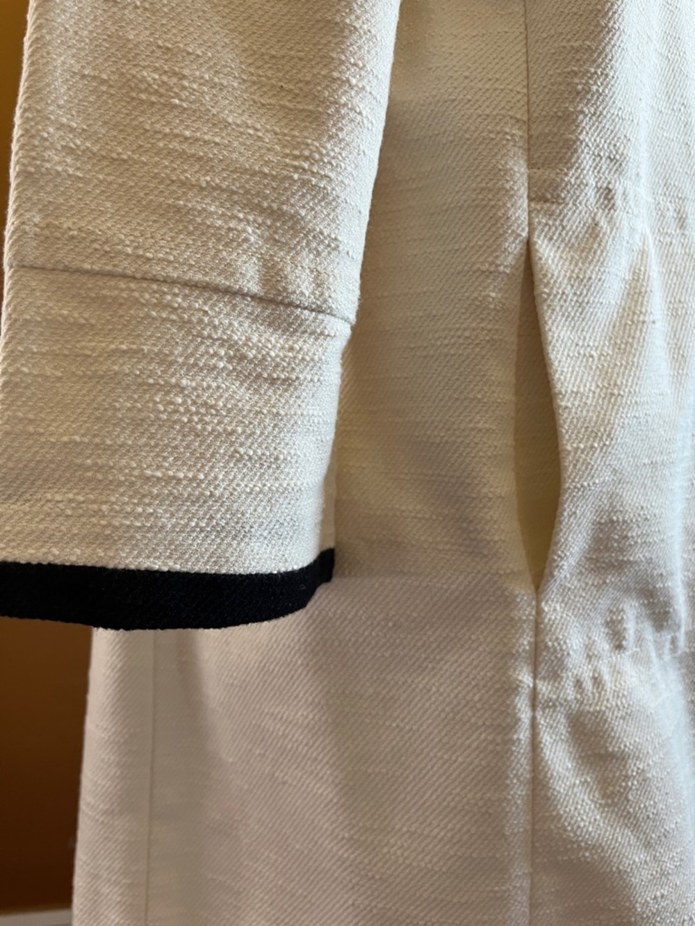 Talbots collarless textured Ivory Coat/Duster w/ Black Trim & pockets Size 14 - Picture 13 of 17